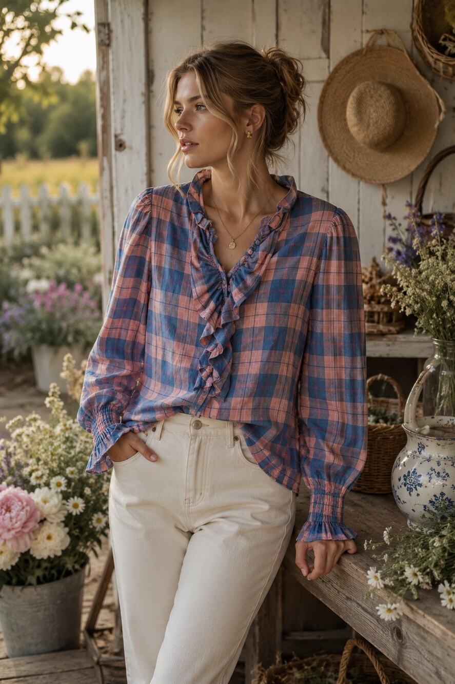 Andion 100% Cotton Pink Blue Plaid Flannel Blouse Size Large